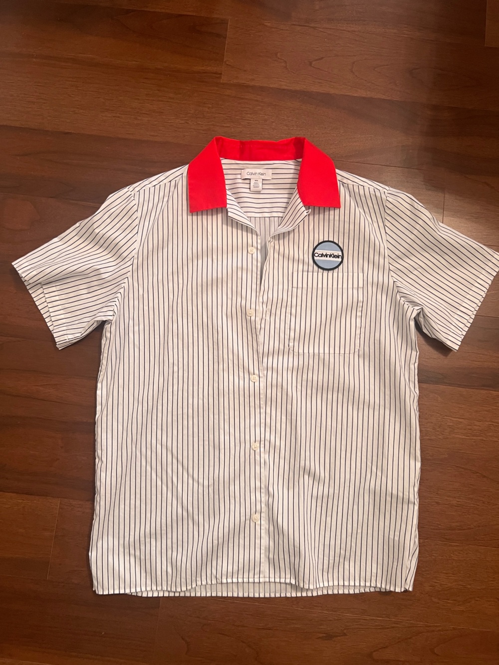 Calvin Klein Striped Short-Sleeve casual button Shirt with Red Collar